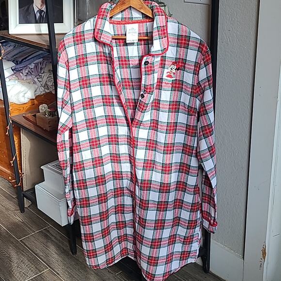 Women's Disney (2L) Large Plaid Sleep Gown Embroidered Minnie‎ POCKETS Christmas - Picture 1 of 4